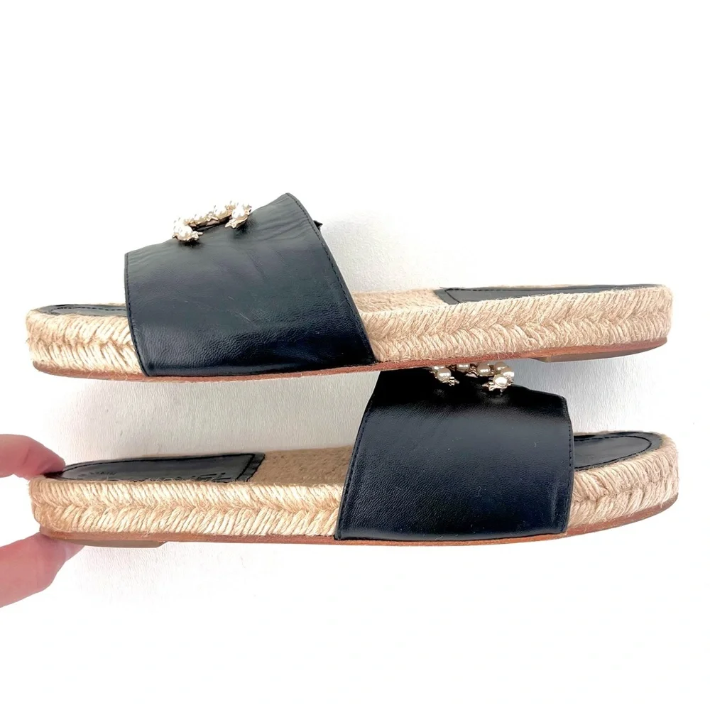 CHANEL | Pearl Embellished CC Logo Black Leather Espadrille Slide Sandals EU 37 - Picture 12 of 14